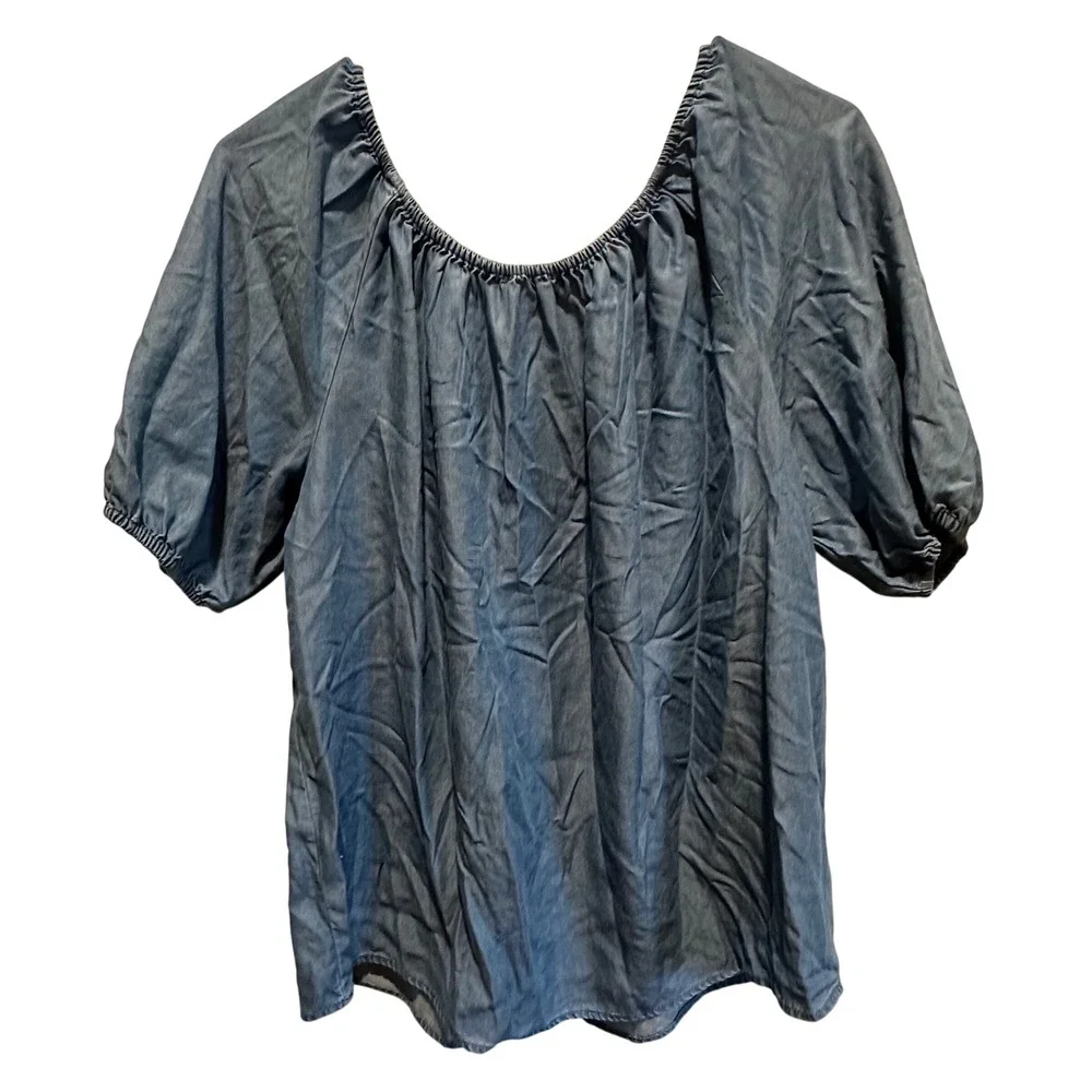 Loft Women's Blue Lyocell Chambray Puff Sleeve Scoop Neck Blouse Top Size S NWOT